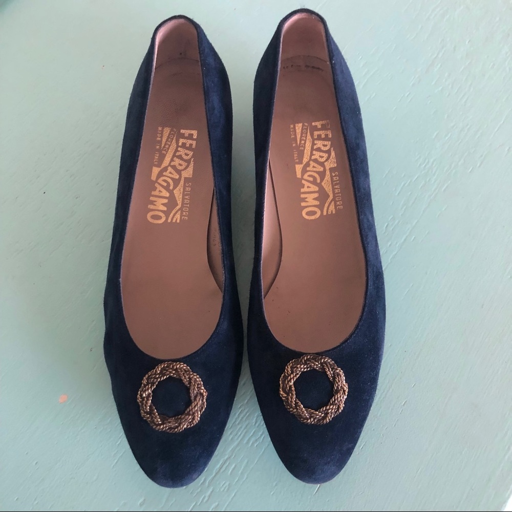 Vintage Salvatore Ferragamo Navy Suede Flats